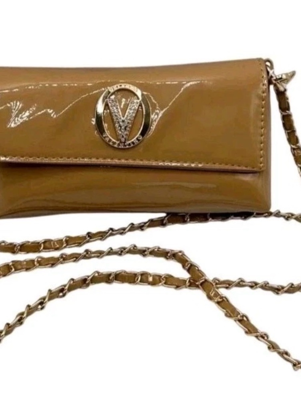 Valentino Orlandi Patent Mini Crossbody in Tan with Gold V-Emblem